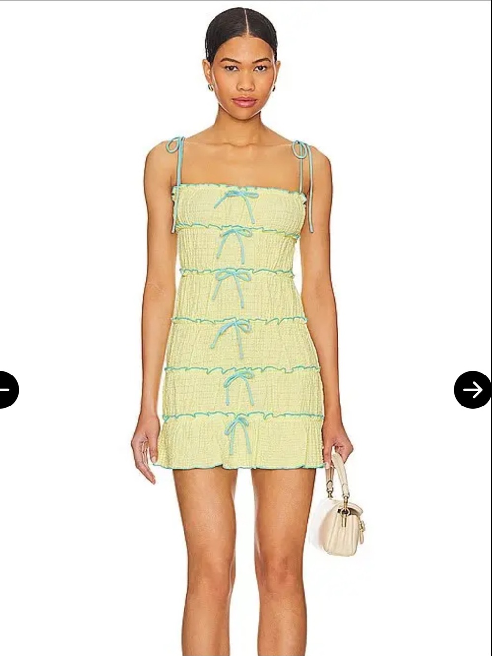 MAJORELLE Revolve Mathilda Pale Yellow Smocked Mini Dress with Aqua Ties